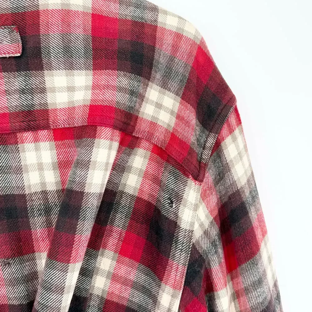 Woolrich Mens XL Flannel Shirt Red Black Plaid Heavy Cotton Elbow Patches FLAWED - Picture 6 of 15